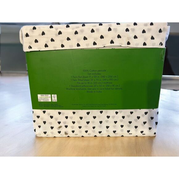 Kate Spade Valentine's Day Black Heart Twin Cotton Sheets NEW - Picture 2 of 3